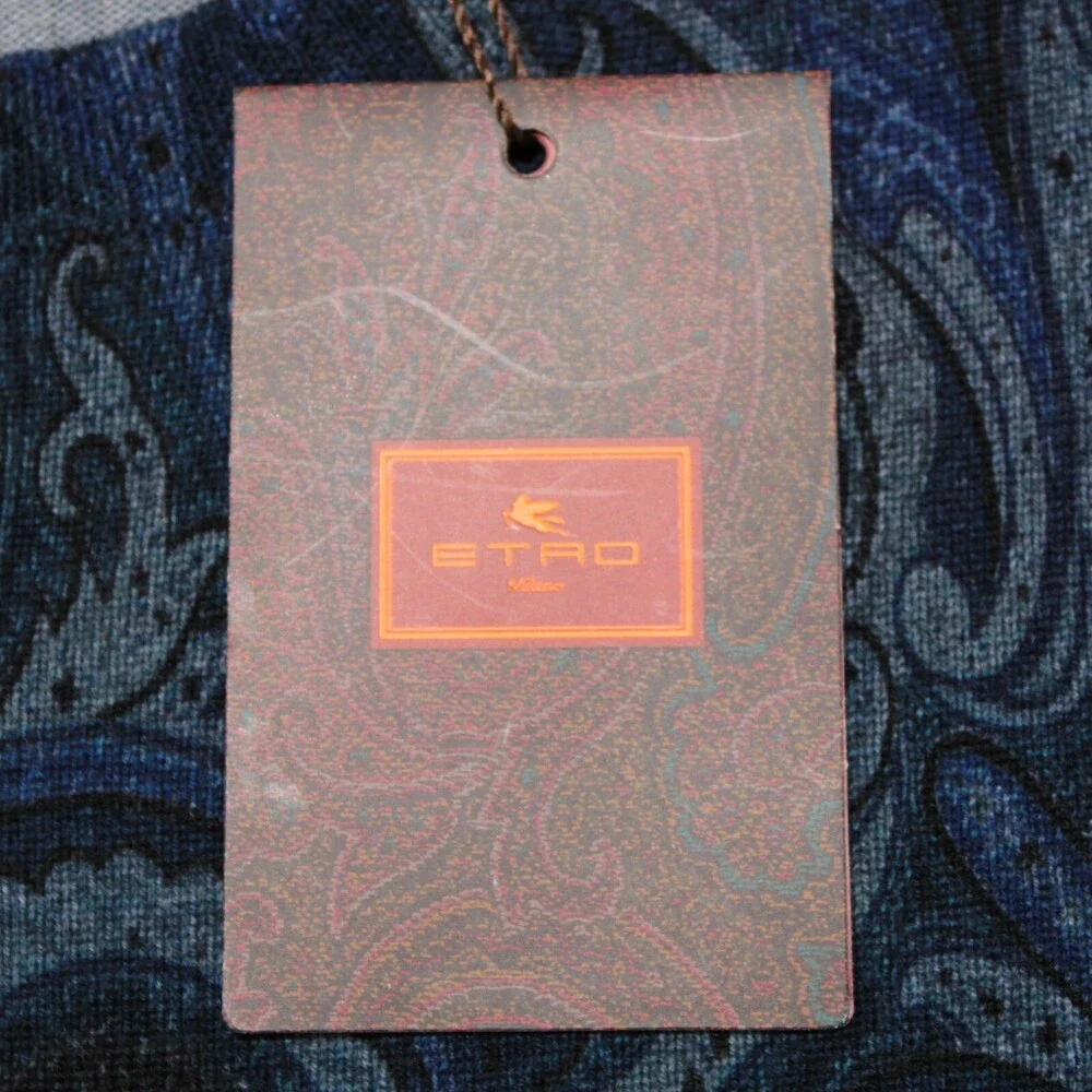 Etro NWT Pullover Crew Neck Sweater Size XXL in Blue Paisley 100% Wool